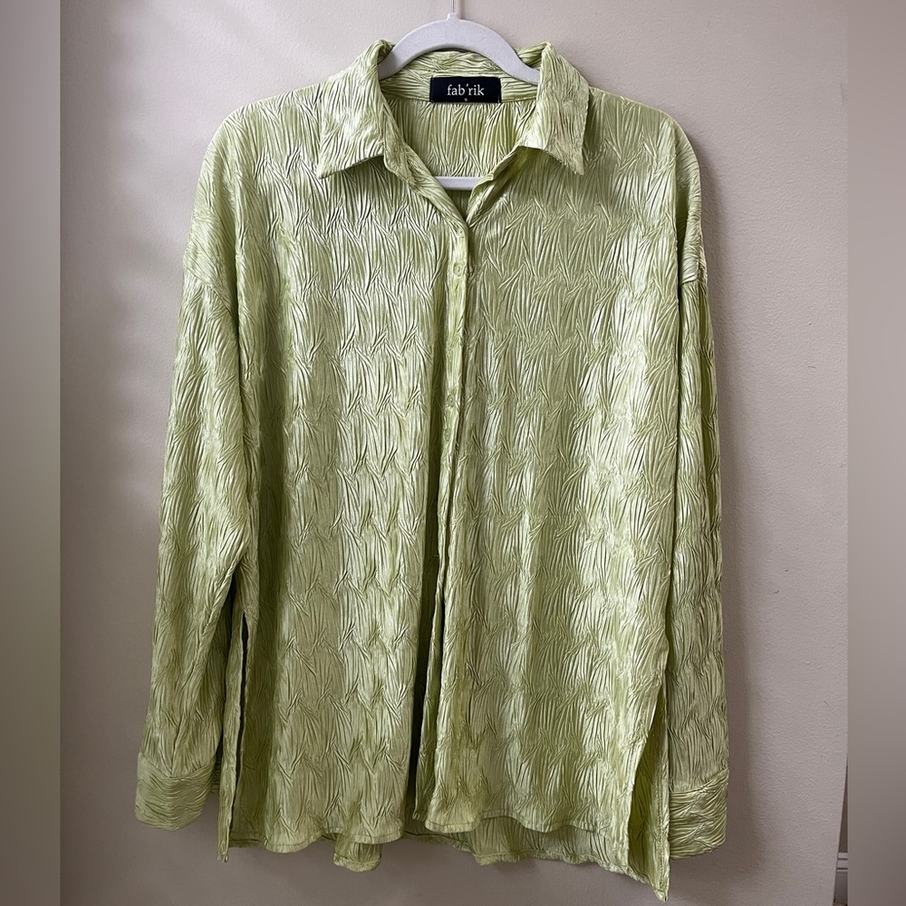 Fab'rik Oversized Light Green Textured Button Down Blouse